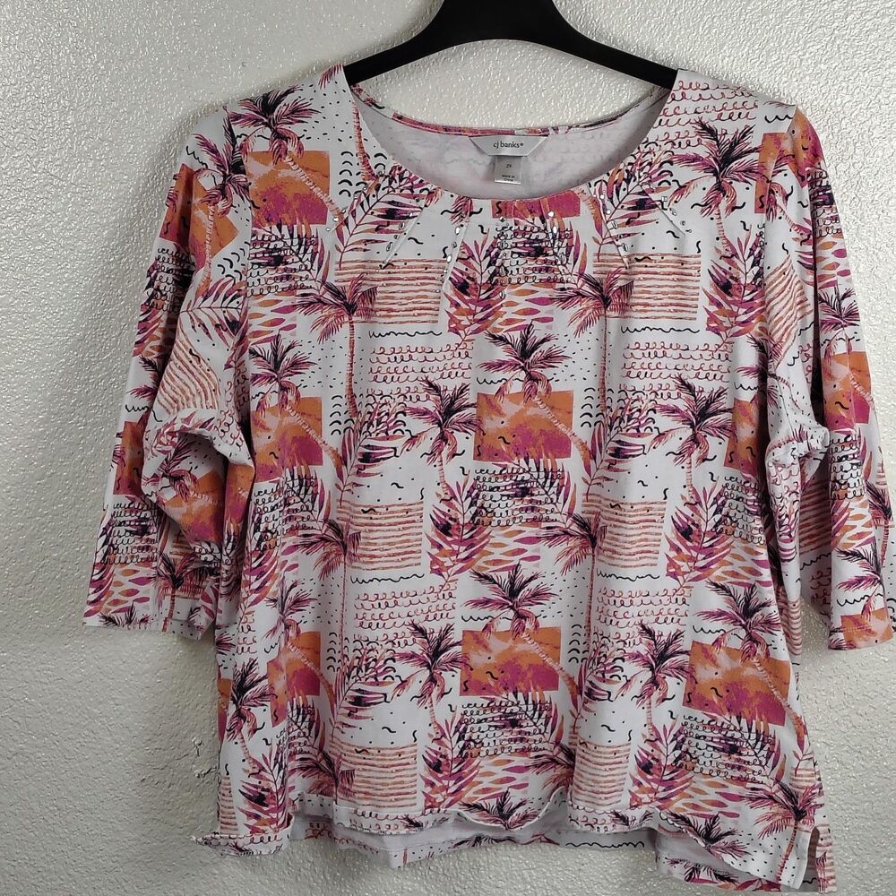 CJ Banks Christopher & Banks Womens 2X Top Tropical Palm Tree Rhinestone 3/4 Sle